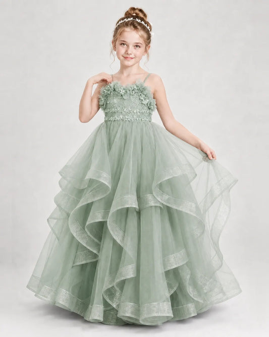Sage Green Tulle Tiered Ball Gown Girls Pageant Dresses Front View