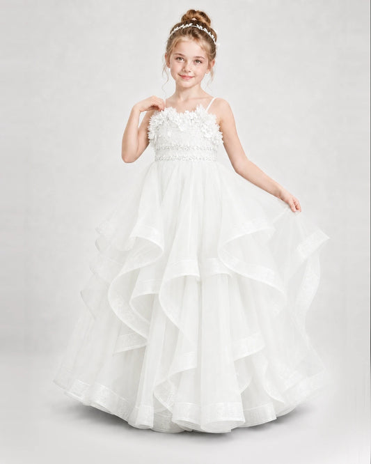 Ivory Tulle Tiered Ball Gown Girls Pageant Dresses Front View