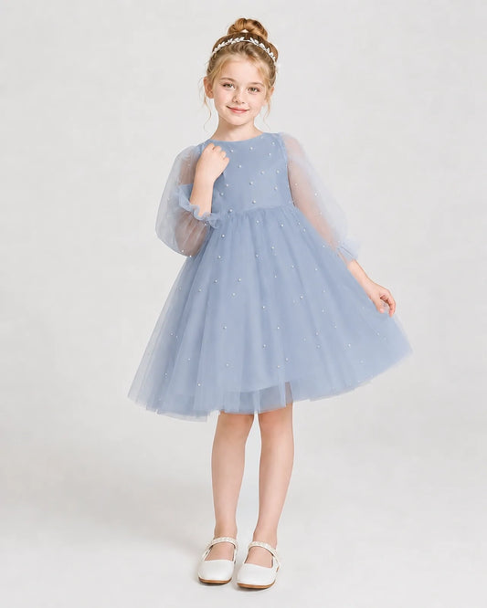 Dusty blue tulle puff sleeve a-line dress girls formal dresses