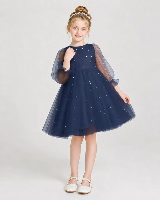 Navy Blue tulle puff sleeve A-line dress Girls Formal Dresses