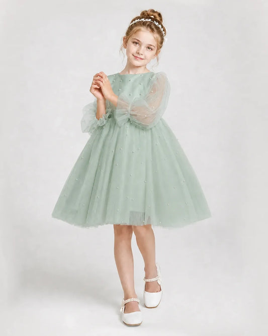 Sage Green Tulle A-line Girls Formal Dresses Front View