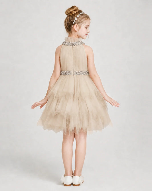 Champagne tulle tiered halter neck girls formal dresses Back View