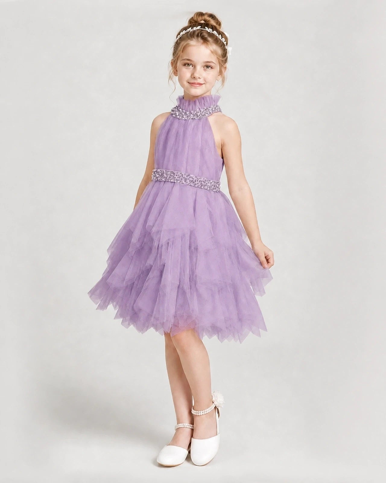 Dideyttawl Pearl High Neck Tiered Tulle Girl Formal Dress