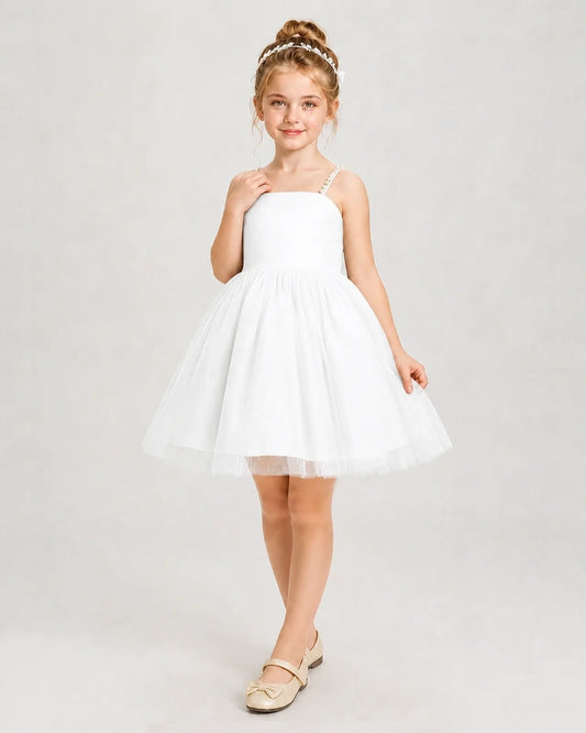 Ivory Satin Tulle A-Line Girls Pageant Dresses Front View