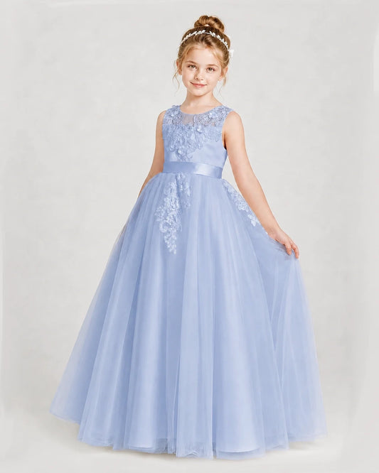 Dusty Blue Satin and Tulle Applique A-Line Girls Formal Dresses Front View