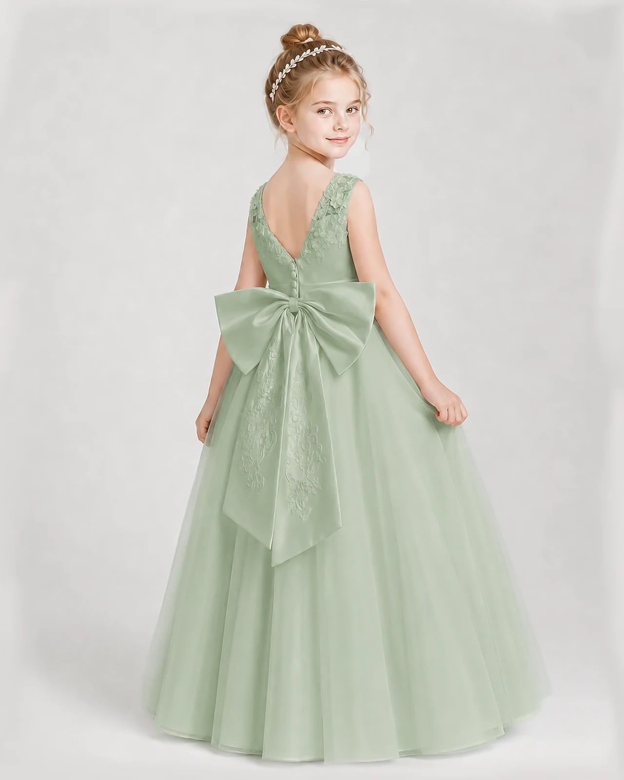Dideyttawl Embroidered Satin Tulle Girl Formal Dress with Bow