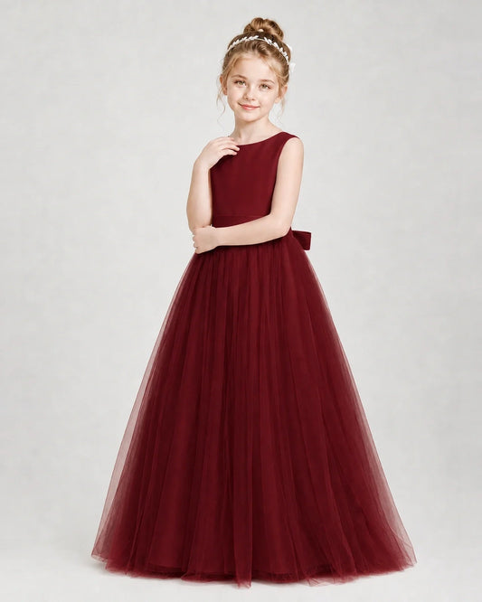 Burgundy Satin and Tulle A-Line Girls Formal Dresses Side View