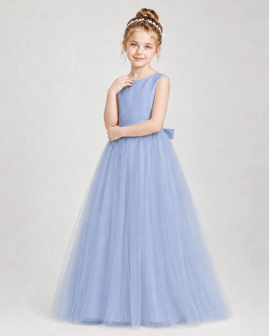 Dusty Blue Satin and Tulle A-Line Girls Formal Dresses Side View