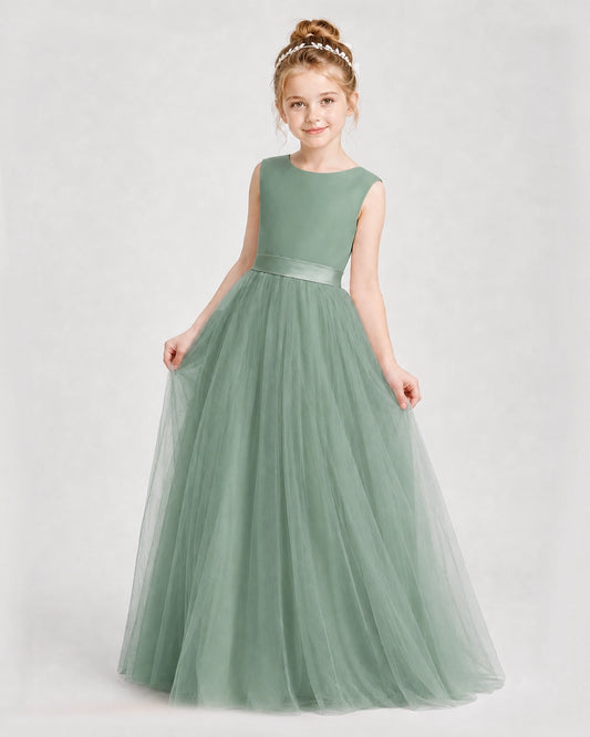 Eucalyptus Satin and Tulle A-Line Girls Formal Dresses Front View