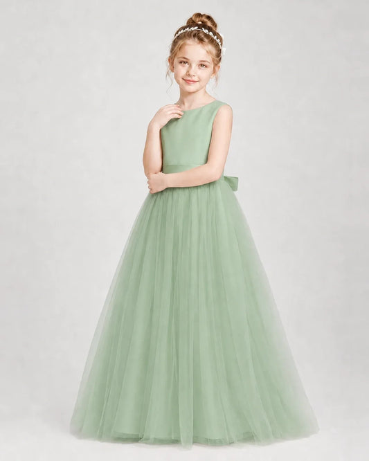 Sage Green Satin Tulle A-Line Girls Formal Dresses Side View