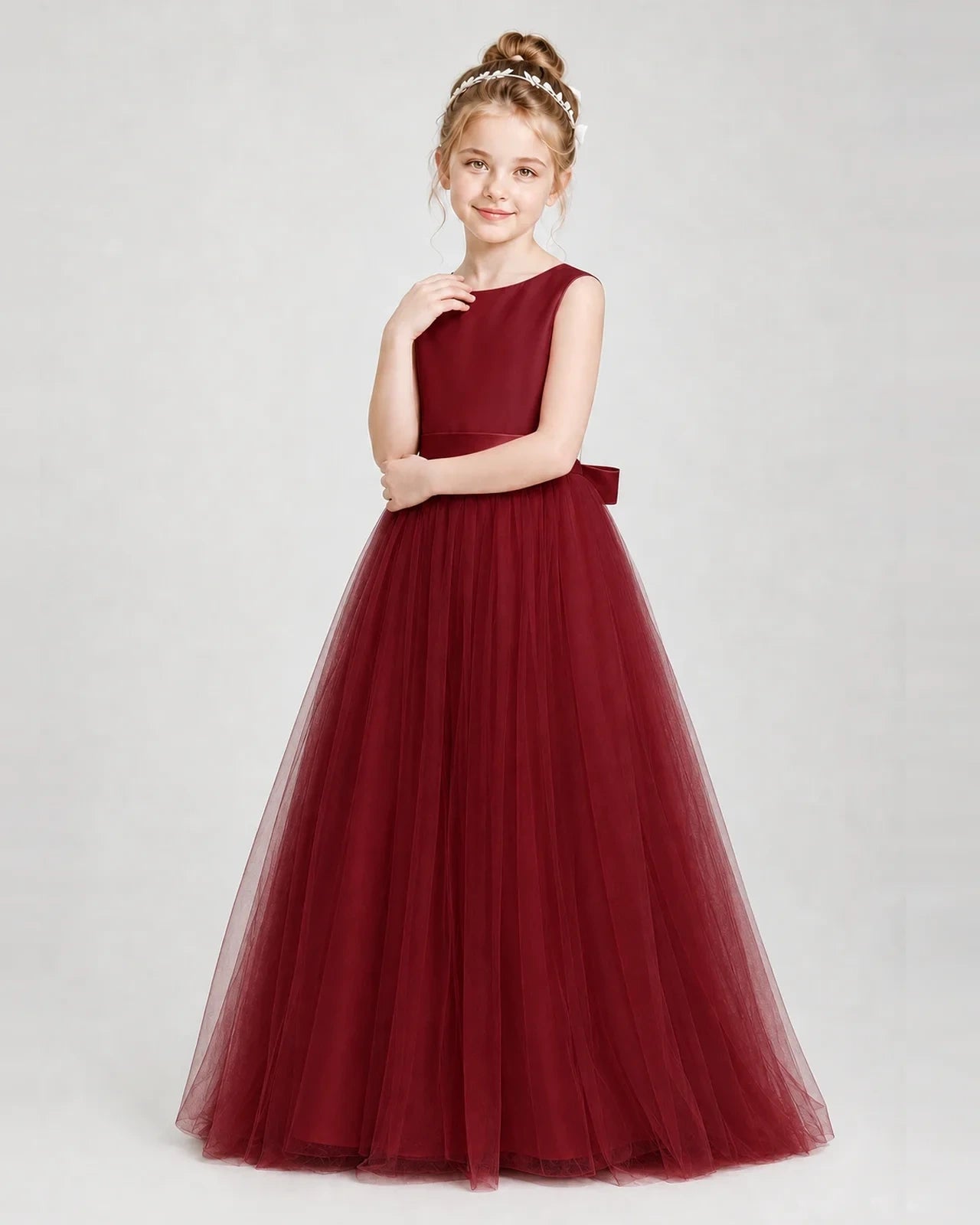 Dideyttawl Double Back Bow Satin Tulle Girl Formal Dress