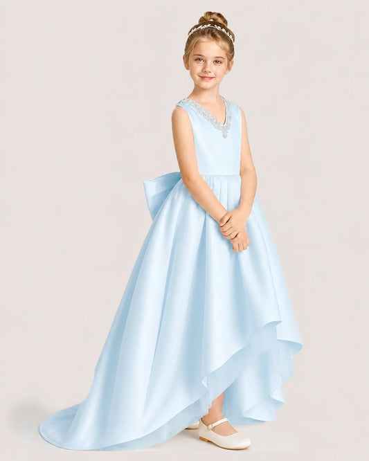 Baby Blue Satin High-Low Girls Formal Dresses Front View
