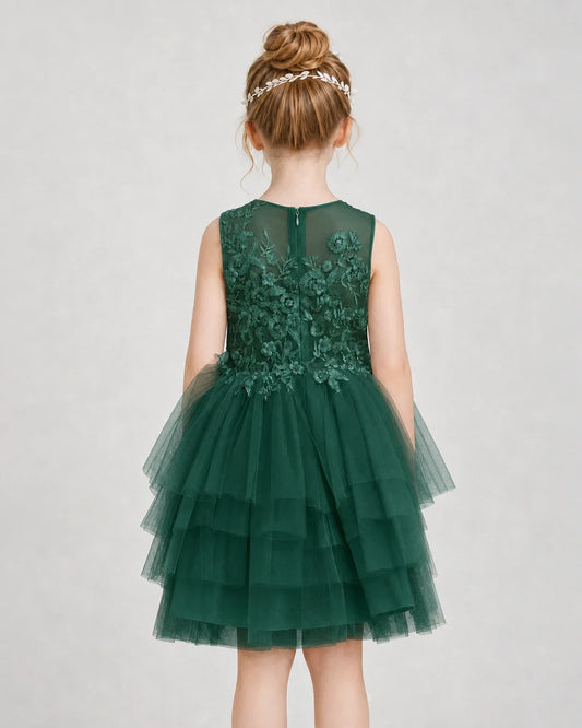 Dark Green Tulle Tiered Dress Girls Formal Dresses Back View