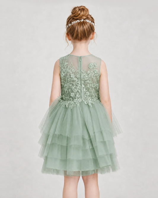 Sage Green Tulle Tiered Girls Formal Dresses Back View