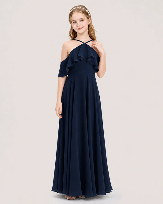 Navy Blue Chiffon Ruffled Halter Junior Bridesmaid Dresses Front View