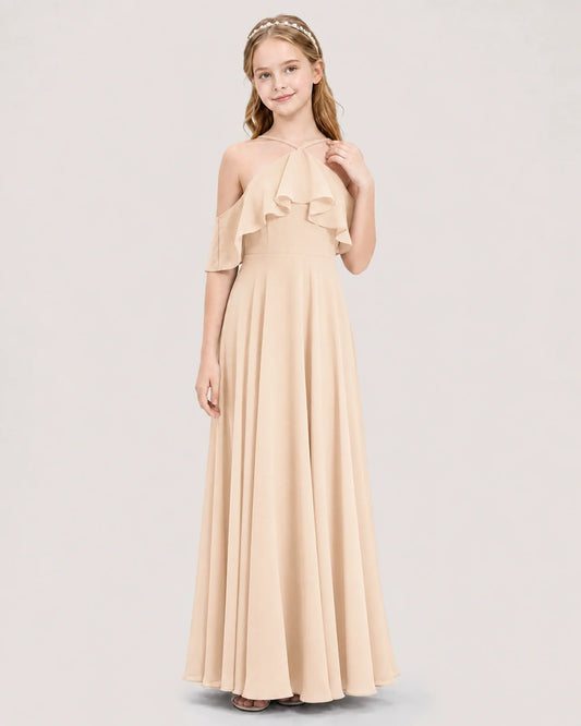 Peach Chiffon Halter Cold Shoulder Ruffle Junior Bridesmaid Dresses Front View