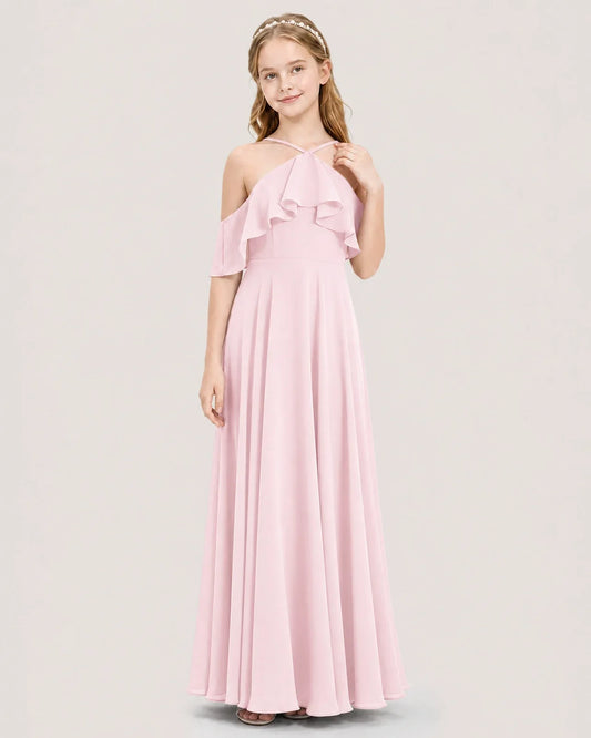 Pink Chiffon Cold Shoulder Junior Bridesmaid Dresses Front View