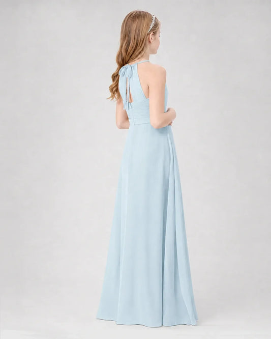 Dideyttawl Ruched Halter Neck Chiffon Junior Bridesmaid Dress