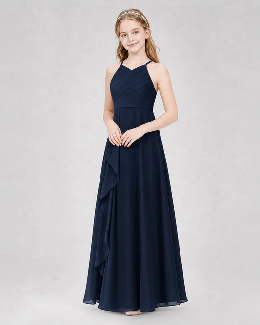 Navy blue A-line Junior Bridesmaid Dresses Side