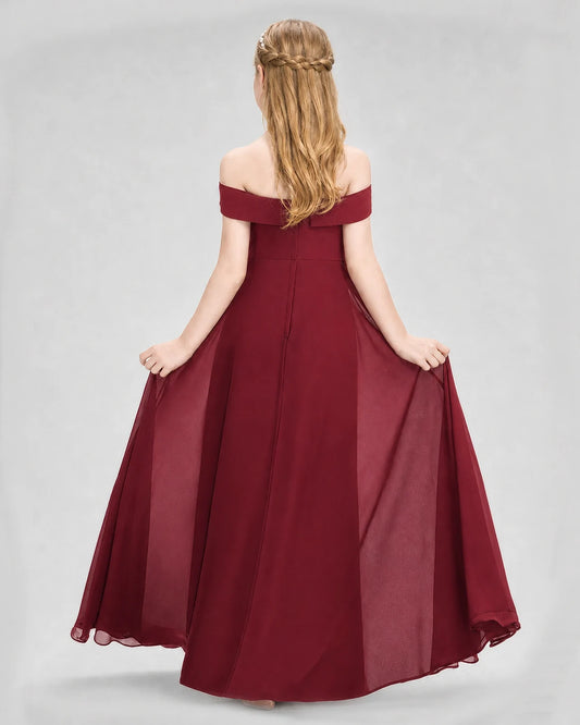 Burgundy chiffon off-the-shoulder junior bridesmaid dress, back view