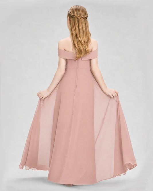 Dusty Rose Chiffon Off-The-Shoulder Junior Bridesmaid Dress Back View