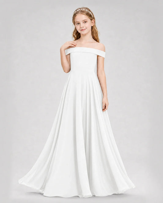 Ivory chiffon off-the-shoulder junior bridesmaid dress