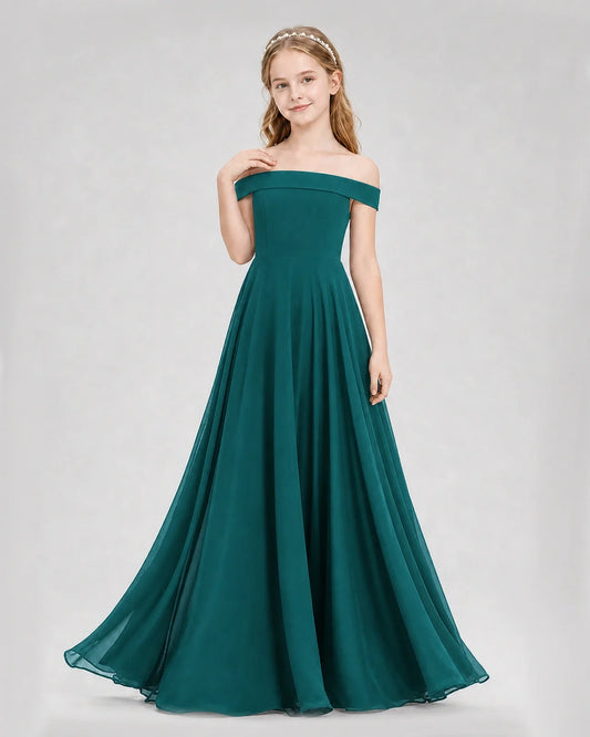 Peacock chiffon off-the-shoulder junior bridesmaid dress