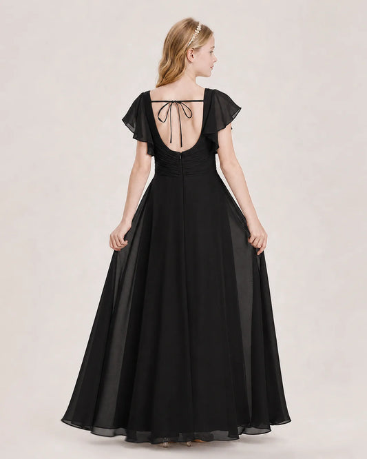 Black Chiffon A-Line Junior Bridesmaid Dress Back View