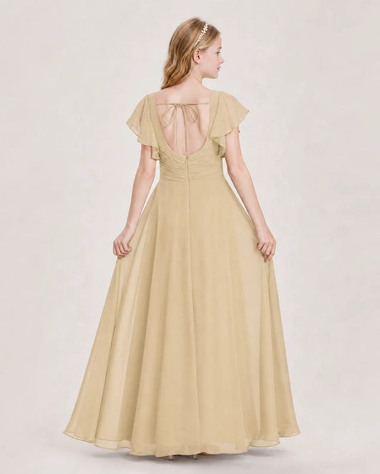 Champagne Chiffon A-Line Junior Bridesmaid Dress Back View