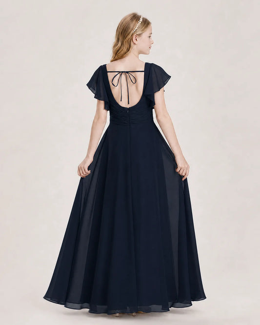 Navy Blue Chiffon A-Line Junior Bridesmaid Dress Back View