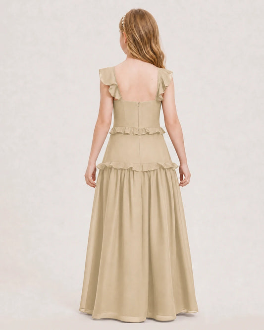 Champagne Chiffon Ruffled Tiered Junior Bridesmaid Dresses Back View