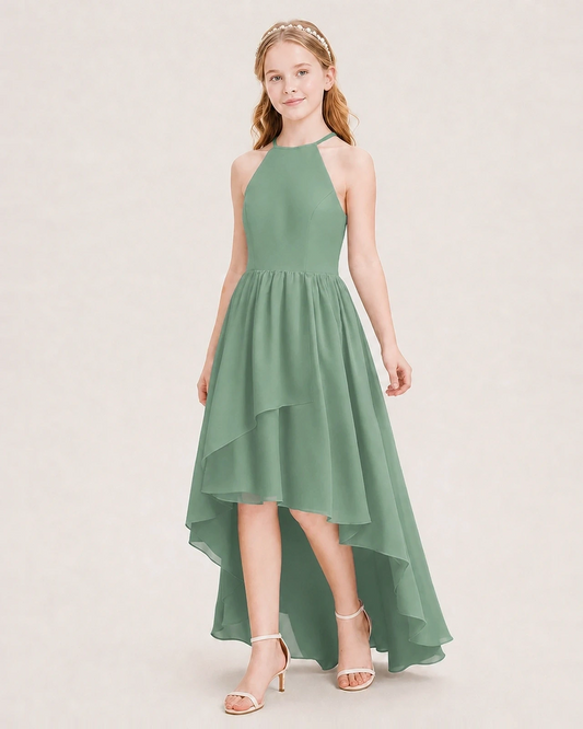 Eucalyptus Chiffon High-Low Junior Bridesmaid Dresses Front View