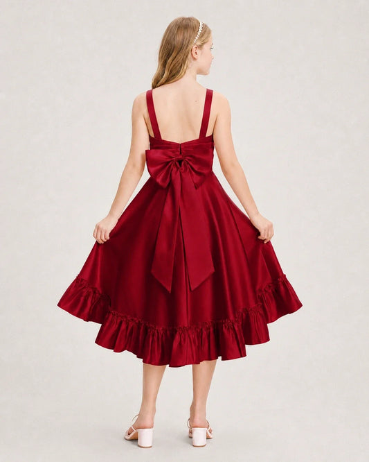 Burgundy Satin Ruffled A-Line Junior Bridesmaid Dresses Back View