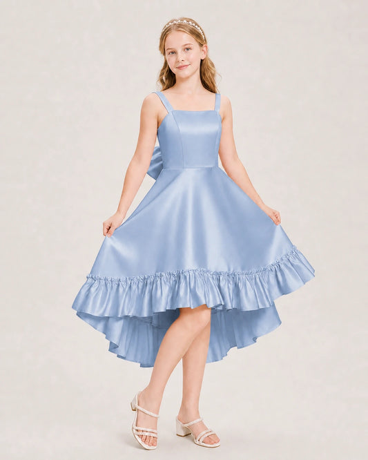 Dusty Blue Satin High-Low Junior Bridesmaid Dresses Front View