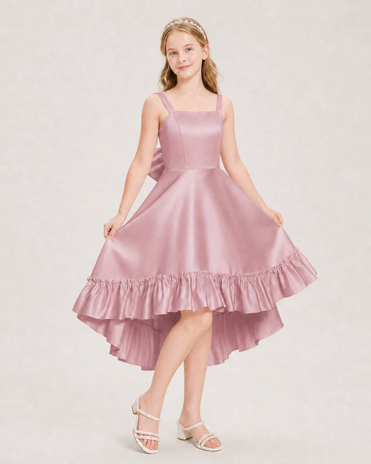 Dusty Rose Satin High-Low Junior Bridesmaid Dresses Front View