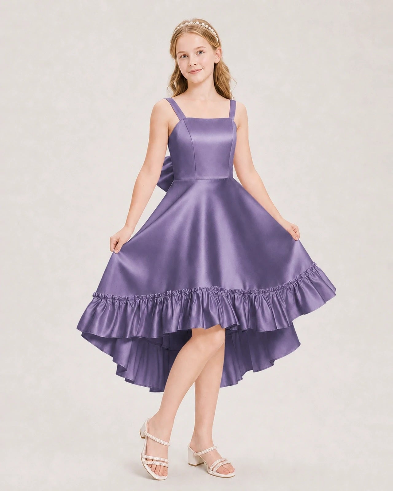 Dideyttawl Satin High-Low Junior Bridesmaid Dress with Bow