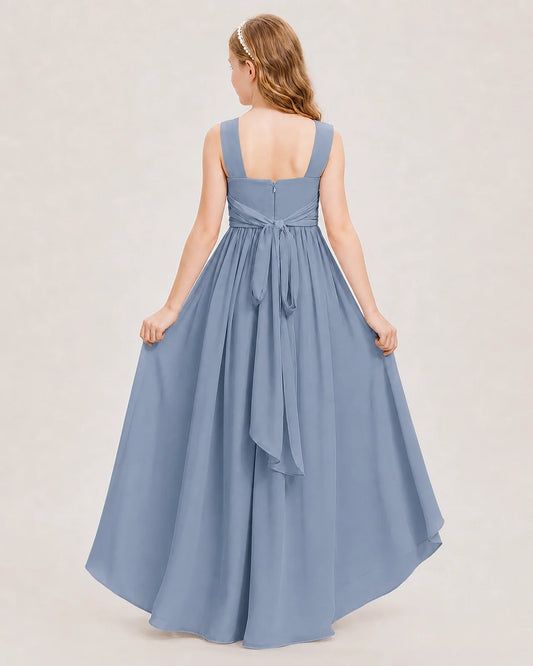 Dusty blue chiffon A-line junior bridesmaid dress, back view