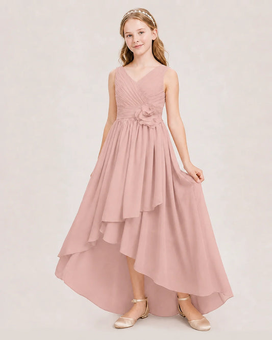 Dusty Rose Chiffon High Low Junior Bridesmaid Dresses Front View