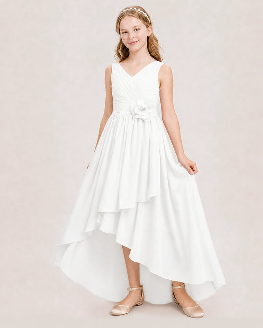 Ivory chiffon high-low junior bridesmaid dress, Front View