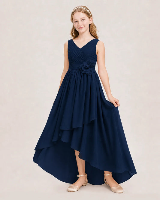 Navy Blue Chiffon Pleated High Low Junior Bridesmaid Dresses Front View