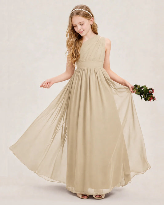 Champagne Chiffon One-Shoulder Junior Bridesmaid Dresses
