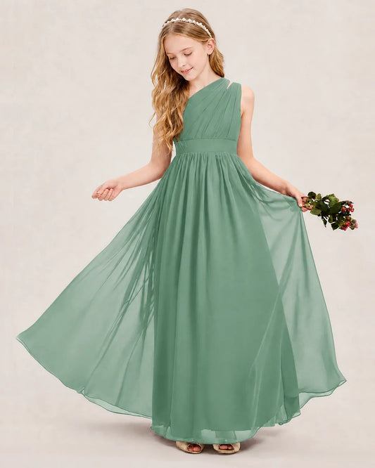 Eucalyptus Chiffon One-Shoulder Junior Bridesmaid Dresses
