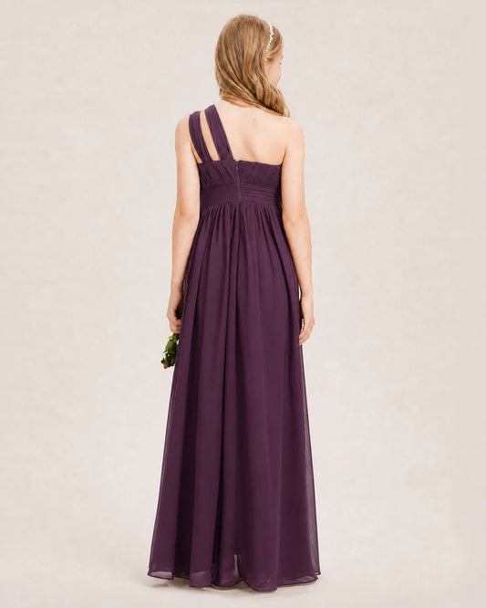 Grape Chiffon One-Shoulder Junior Bridesmaid Dress Back View