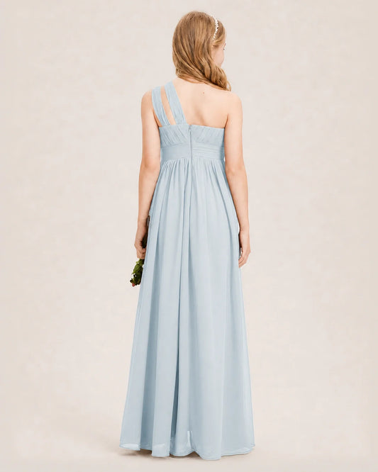 Mist chiffon one-shoulder junior bridesmaid dress, Back View