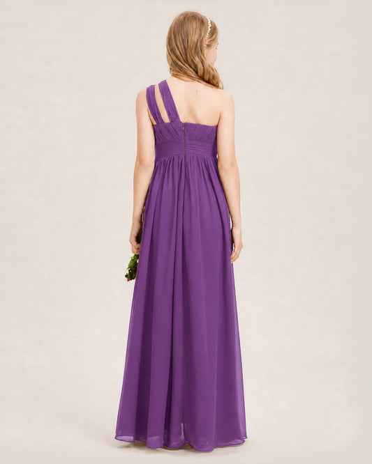 Purple Chiffon One-Shoulder Junior Bridesmaid Dresses Back View