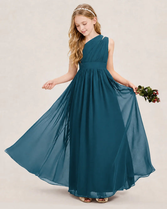 Teal Chiffon One-Shoulder A-Line Junior Bridesmaid Dresses