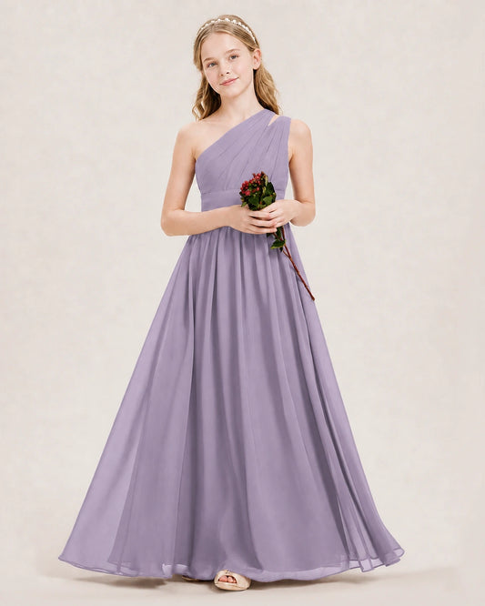 Wisteria Chiffon One-Shoulder Junior Bridesmaid Dresses Front View