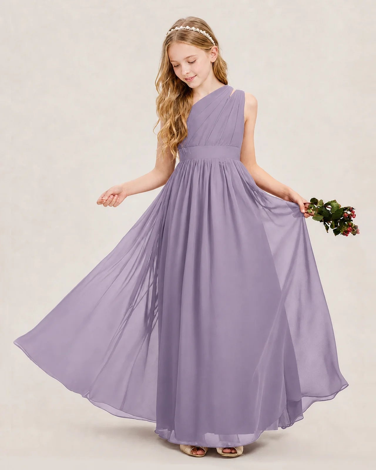 Dideyttawl One Shoulder Ruched Chiffon Junior Bridesmaid Dress