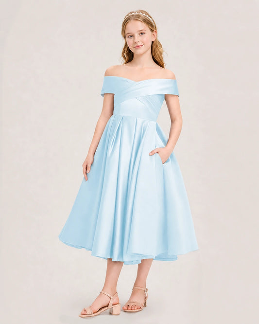 Baby Blue Satin Off-the-Shoulder A-Line Girls Formal Dresses Front View