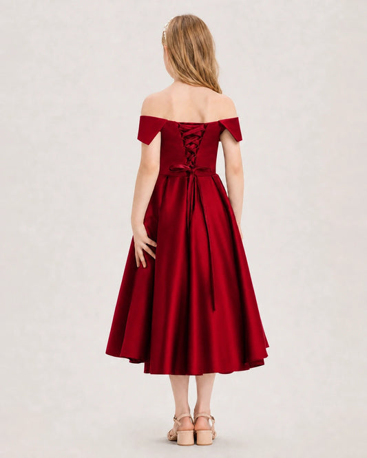 Burgundy Satin Off-the-Shoulder Girls Formal Dresses Back View
